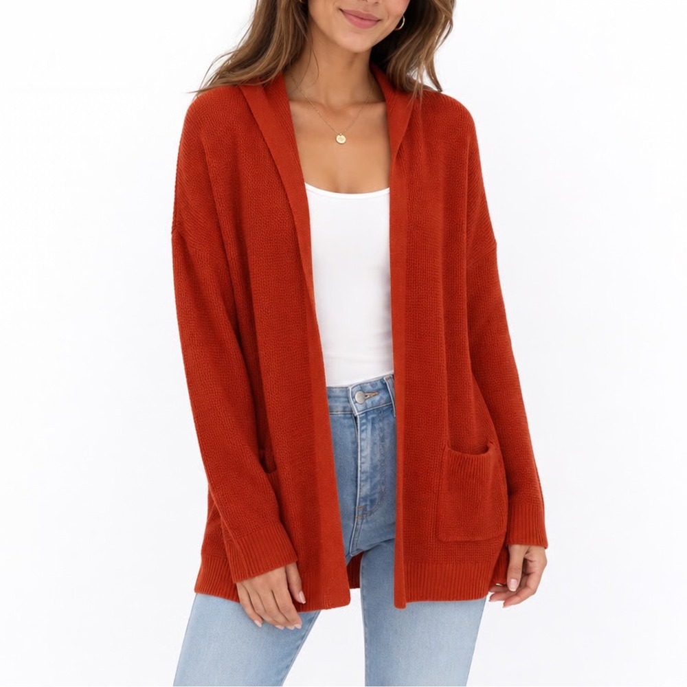 Peyton Primrose Cardigan Sweater Womens Medium Orange Open Front Pockets Knitted